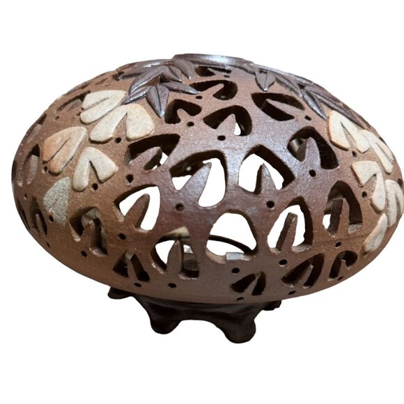 Studio Pottery Candle Tea Light Holder Floral Cutouts Clay Signed Jerry Conrad - Picture 5 of 7